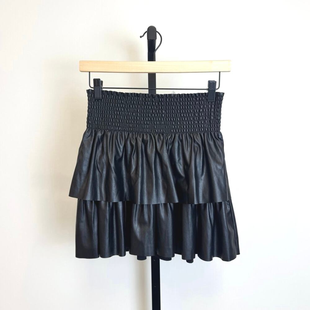 RAMY BROOK Black Faux Leather Tiered Ruffle Mini Skirt Small NEW Pleated Bottoms
